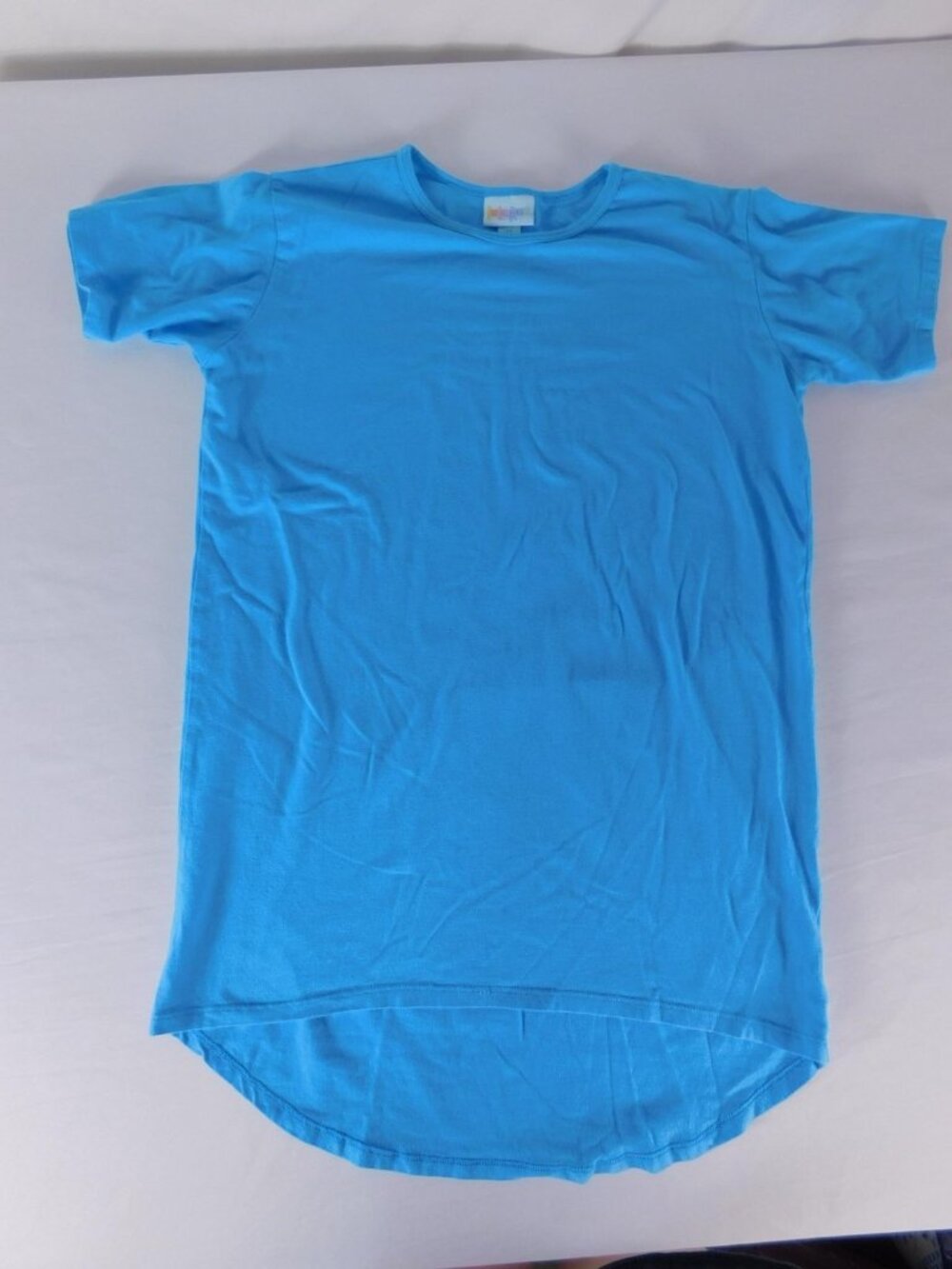 LuLaRoe Shirt Girls 12 Blue Tunic Short Sleeve High Low Hem Cotton Blend Jersey